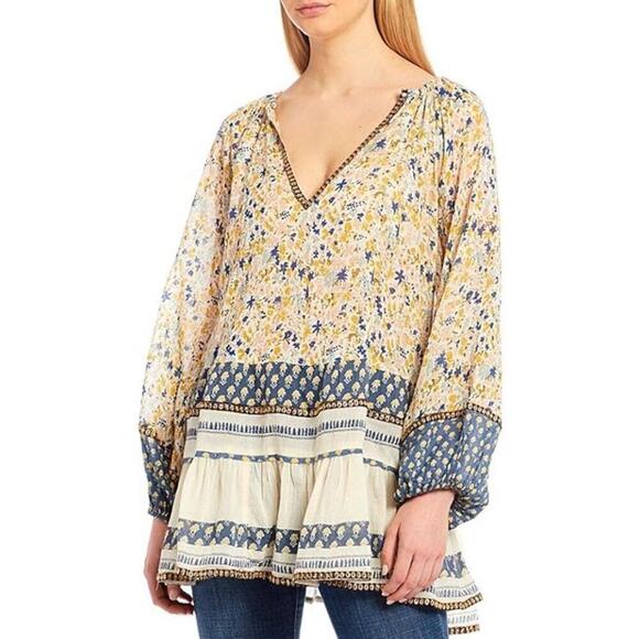 Free People Women's Gardenia Tunic Cream Blue Yellow Embellished Large - Picture 2 of 16